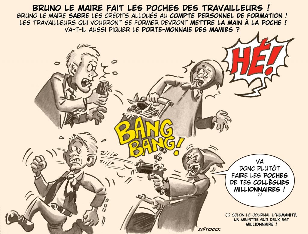 dessin presse humour Bruno Le Maire image drôle diminution crédits Compte Personnel Formation