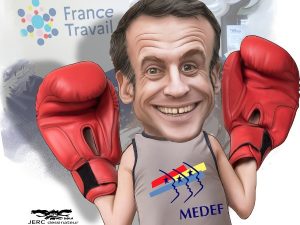 dessin presse humour Emmanuel Macron boxeur image drôle Medef France Travail