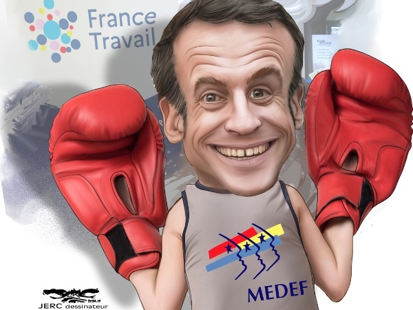 dessin presse humour Emmanuel Macron boxeur image drôle Medef France Travail