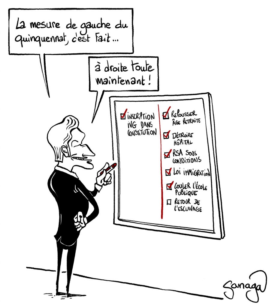 dessin presse humour Emmanuel Macron image drôle inscription IVG Constitution