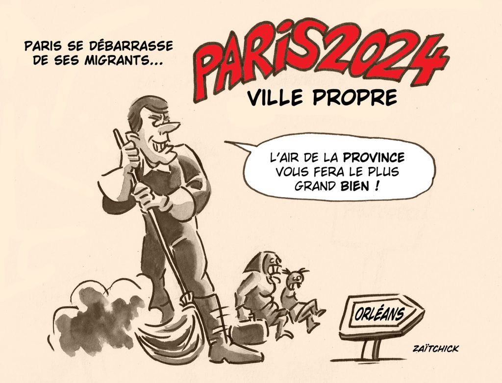 dessin presse humour Emmanuel Macron Paris 2024 image drôle envoi migrant province