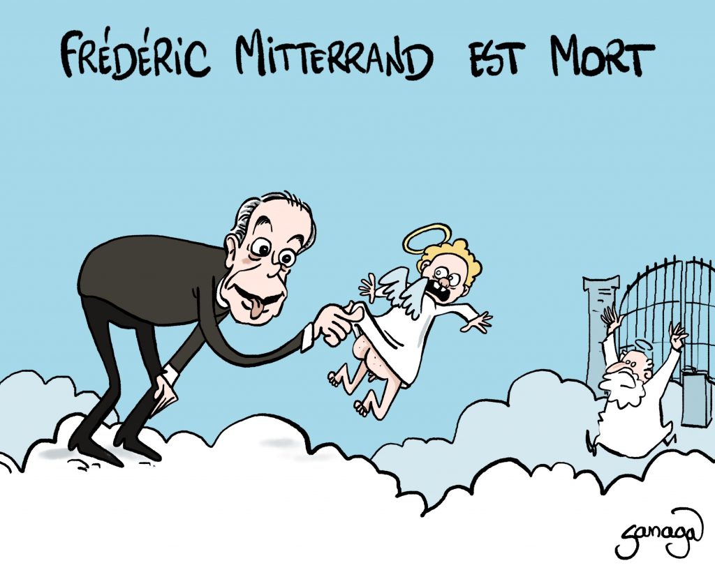 dessin presse humour mort Frédéric Mitterrand image drôle paradis ange