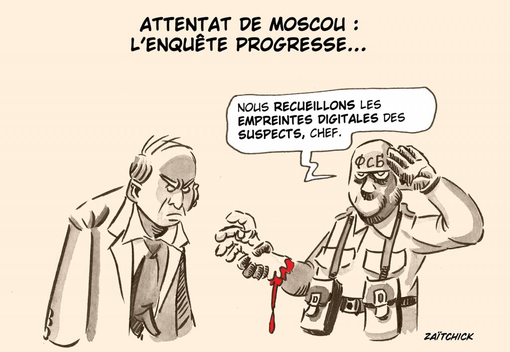 dessin presse humour Vladimir Poutine enquête image drôle attentat Moscou
