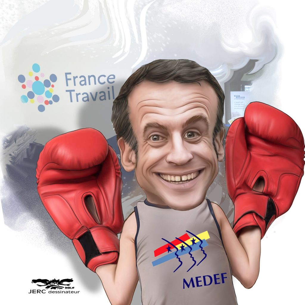 dessin presse humour Emmanuel Macron boxeur image drôle Medef France Travail