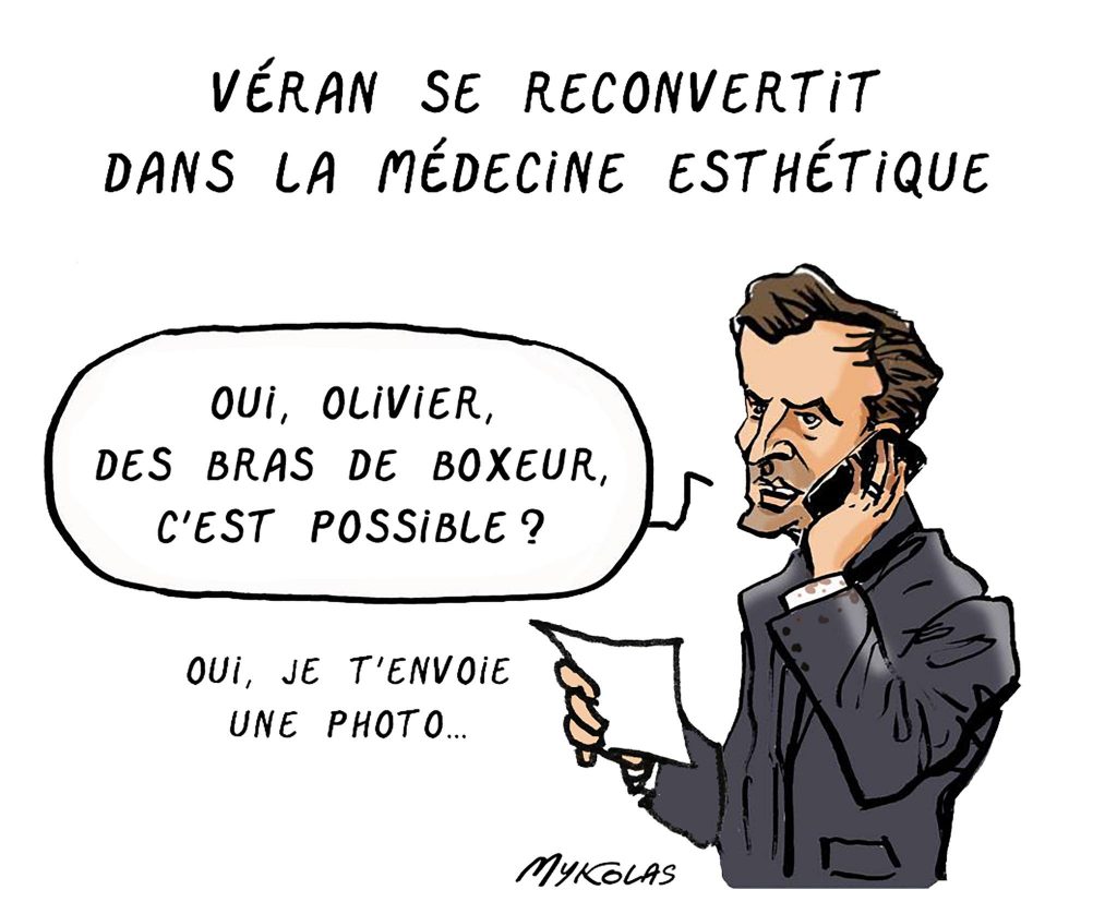 dessin presse humour bras boxeur Emmanuel Macron image drôle reconversion Olivier Véran médecine esthétique