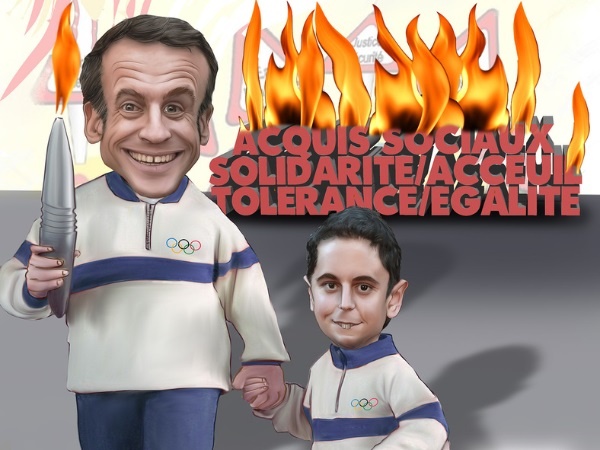 dessin presse humour Emmanuel Macron Gabriel Attal image drôle Jeux Olympiques Paris 2024 casse acquis sociaux