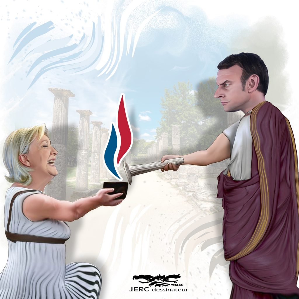 dessin presse humour Emmanuel Macron Marine Le Pen image drôle flamme olympique Paris 2024