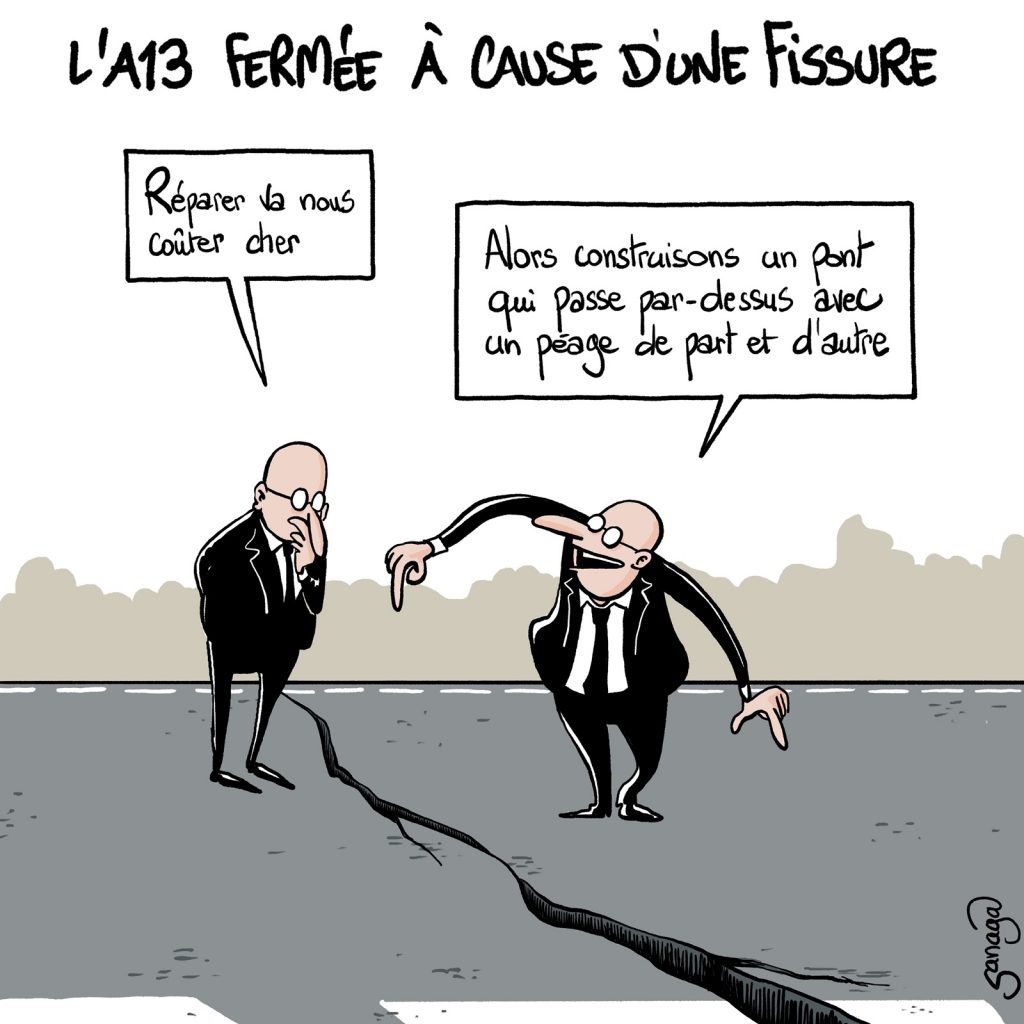 dessin presse humour fermeture autoroute A13 image drôle fissure mouvement terrain