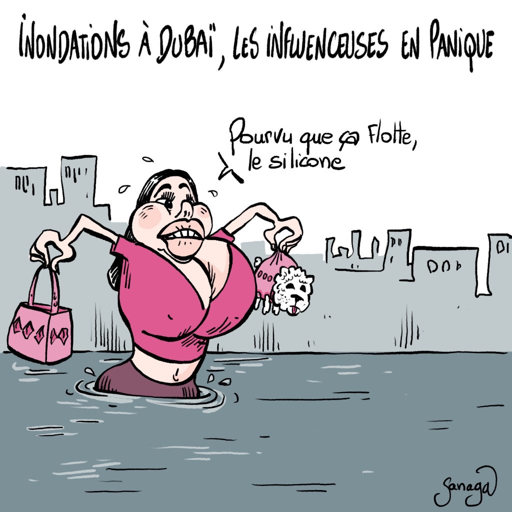 dessin presse humour influenceuses image drôle inondations Dubaï