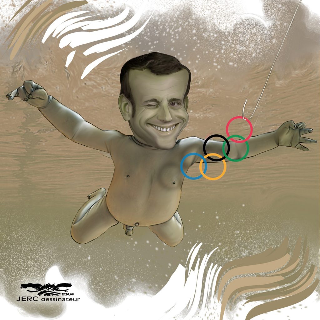 dessin presse humour Emmanuel Macron pollution Seine image drôle Jeux Olympiques Paris 2024