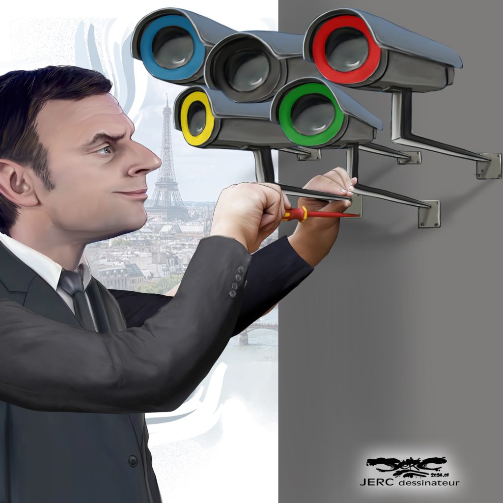 dessin presse humour Emmanuel Macron Jeux Olympiques Paris 2024 image drôle surveillance restriction libertés