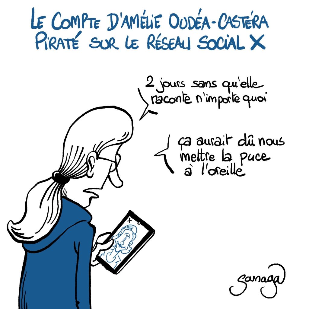 dessin presse humour piratage compte X image drôle Amélie Oudéa-Castéra