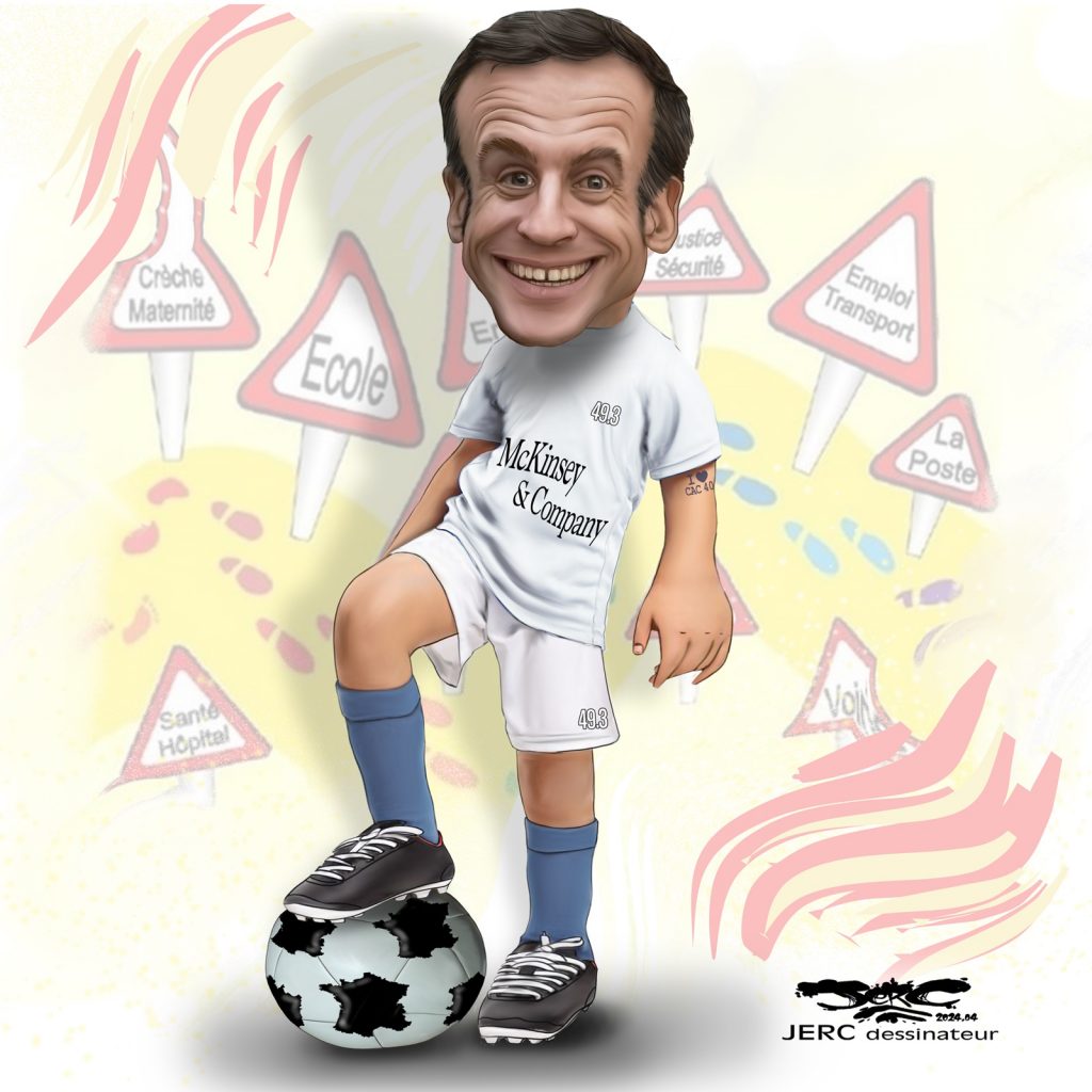 dessin presse humour Emmanuel Macron image drôle match football charité pièces jaunes