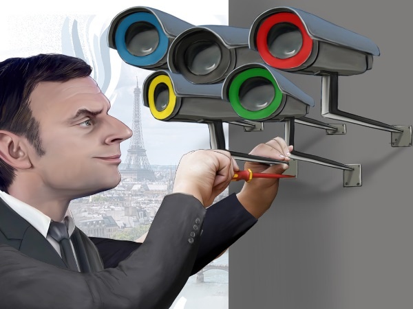 dessin presse humour Emmanuel Macron Jeux Olympiques Paris 2024 image drôle surveillance restriction libertés