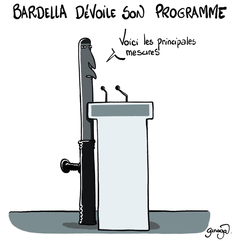 dessin presse humour Jordan Bardella image drôle programme Rassemblement National
