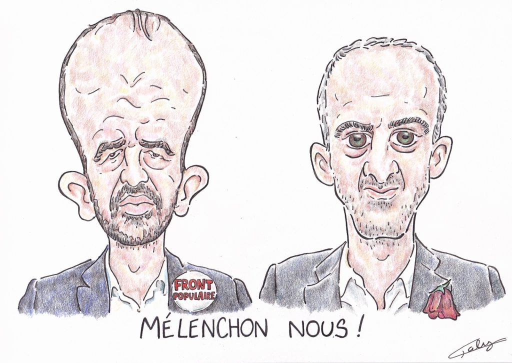 dessin presse humour Manuel Bompard Raphaël Glucksmann image drôle Nouveau Front Populaire