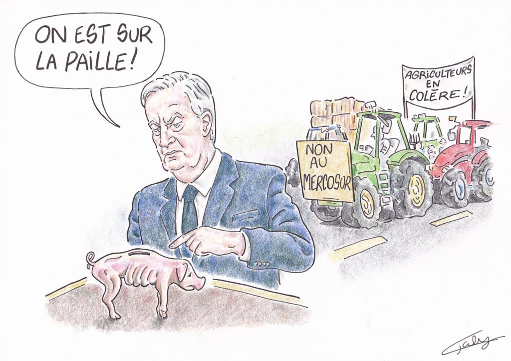 dessin presse humour Michel Barnier dette publique image drôle Mercosur colère agriculteurs