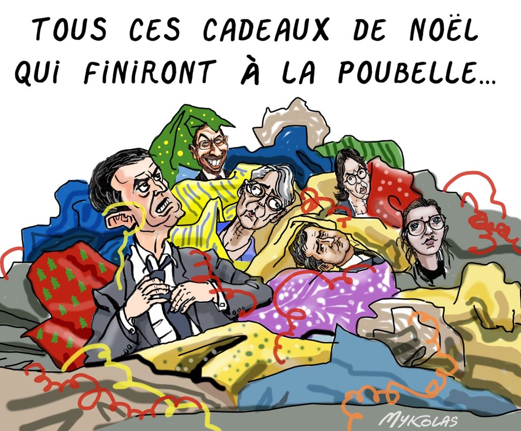 dessin presse humour cadeaux Noël image drôle gouvernement Bayrou poubelle