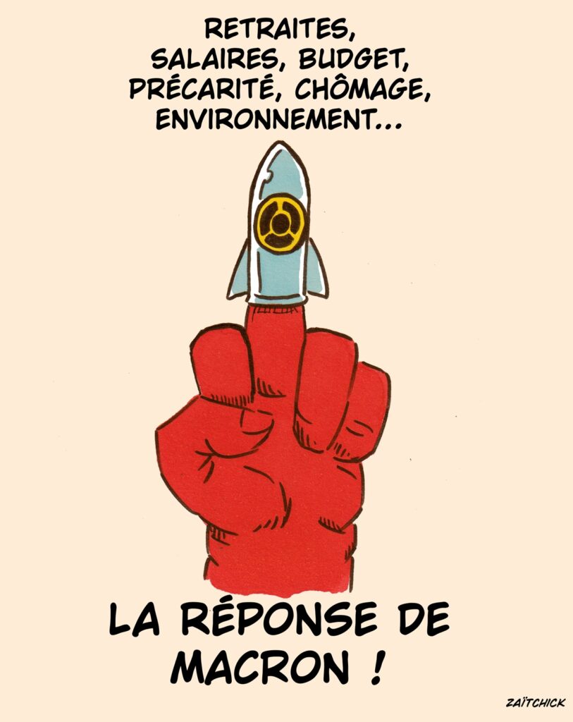 dessin presse humour Emmanuel Macron image drôle austérité guerre
