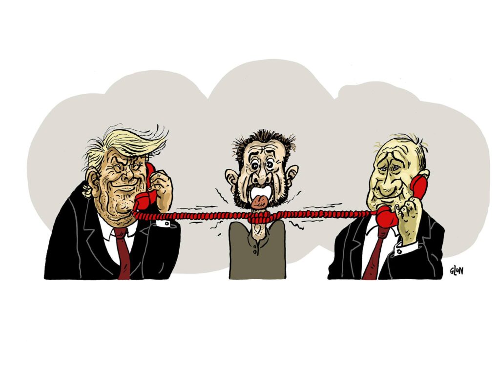 dessin presse humour Volodymyr Zelensky image drôle dialogue Donald Trump Vladimir Poutine
