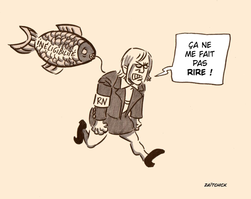 dessin presse humour Marine Le Pen image drôle poisson d’avril inégibilité