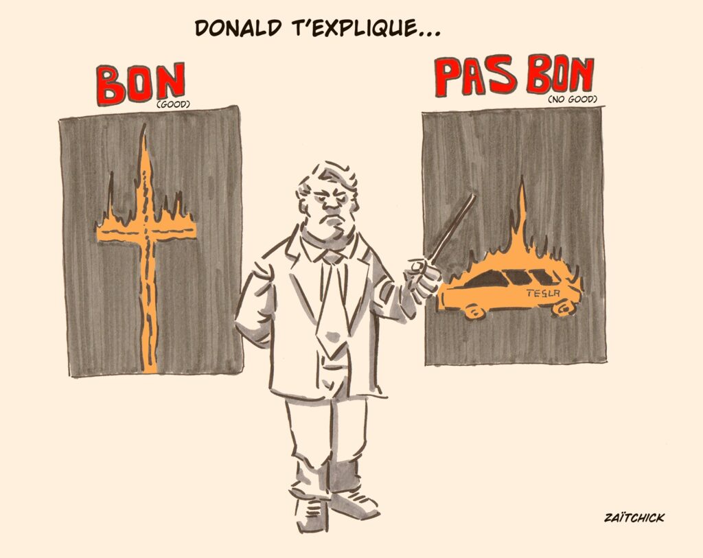 dessin presse humour Donald Trump image drôle incendies voiture Tesla