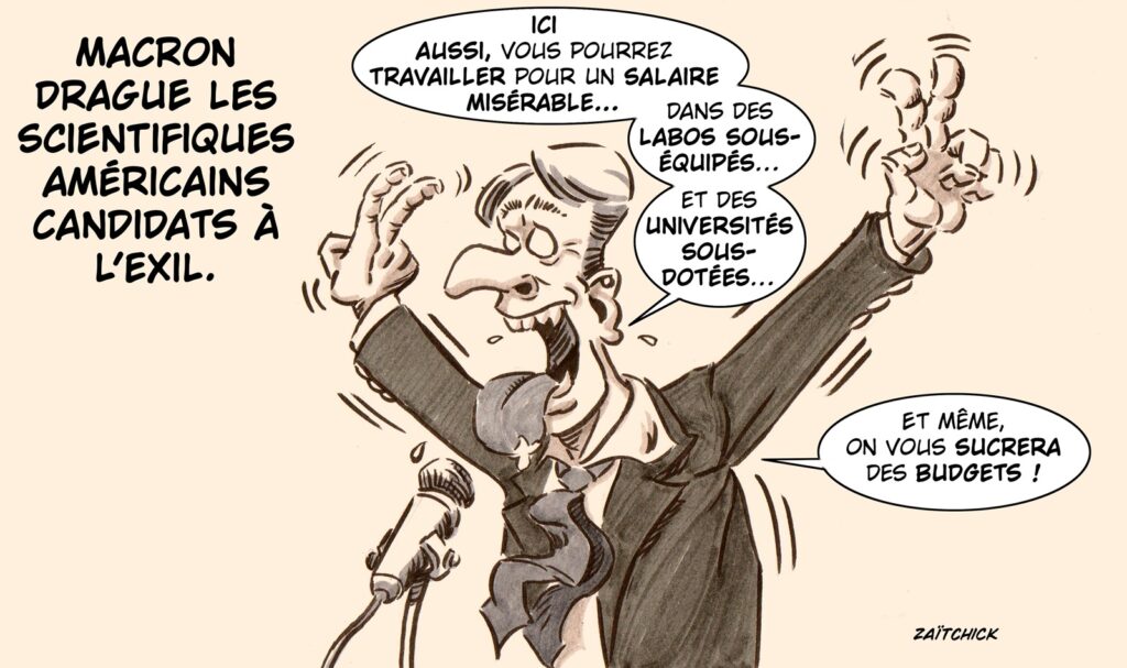 dessin presse humour Emmanuel Macron image drôle scientifiques américains
