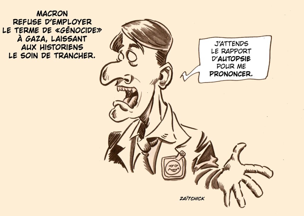 dessin presse humour génocide Gaza image drôle Emmanuel Macron